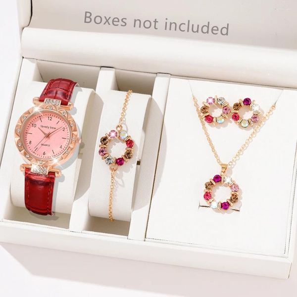 Orologi da polso 5pcs/set Women Red Quartz Owatch PU Leather Cing Watch Pink Half Digital Digital With Jewelry Set Gift per mamma