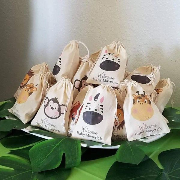 Sacchetti per la spesa 10 pezzi Jungle Safari Zoo Animal Party Borse Personalizza Baby Shower Kid Birthday Treat Bachelorette Welcome Regalo di benvenuto