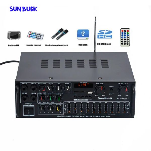 Kit Sunbuck Karaoke Sound amplificador 2.1 canal 200w*2 de alta potência FM USB mp3 10 segmentos de áudio equalizador de carro Bluetooth amplificador