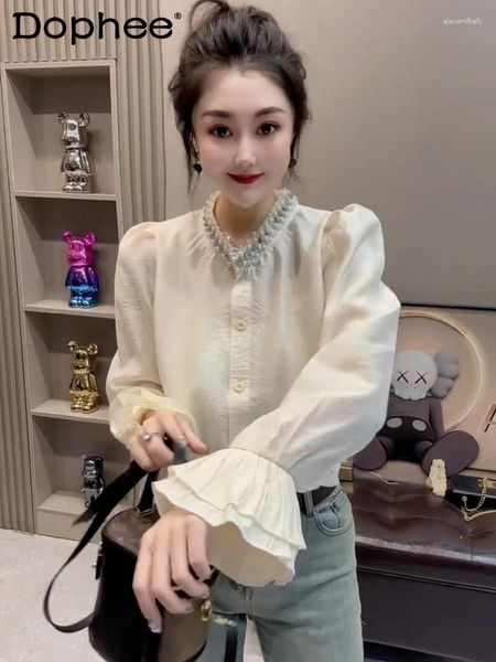 Blouses feminina em estilo francês Stand colar de colarinho de chiffon camisa de manga longa para mulheres 2024 Spring Court Court Bell Sleeve Top