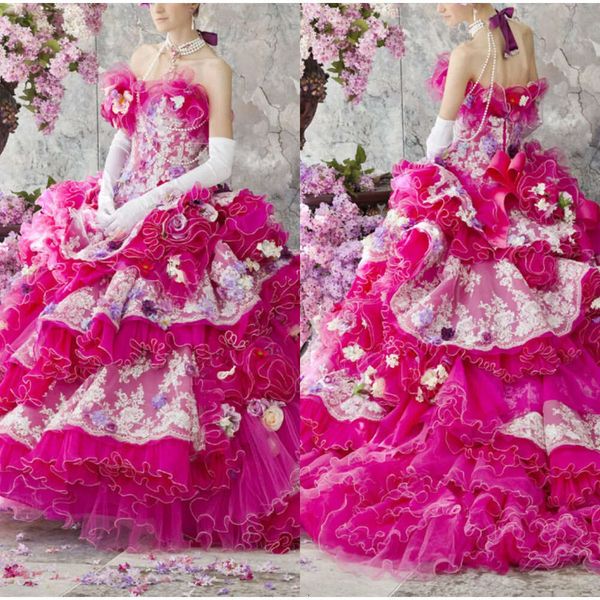 Libero Kleider trägerloser Prom de Stella Fuchsia Ballkleid Sweep Zug Spitze Applikation Alice Abendkleid Designer Prinzessin Formale Kleider Unterzeichner S unterschistet