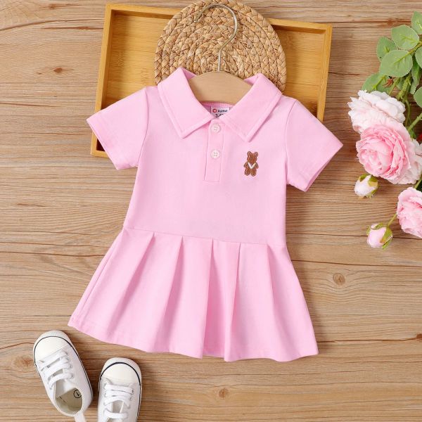 Vestidos Patpat Baby Girl Urso Bordado Vestido de Polo Polo Bordado Adequado para Estilo Básico de Temporada de Verão suave e confortável