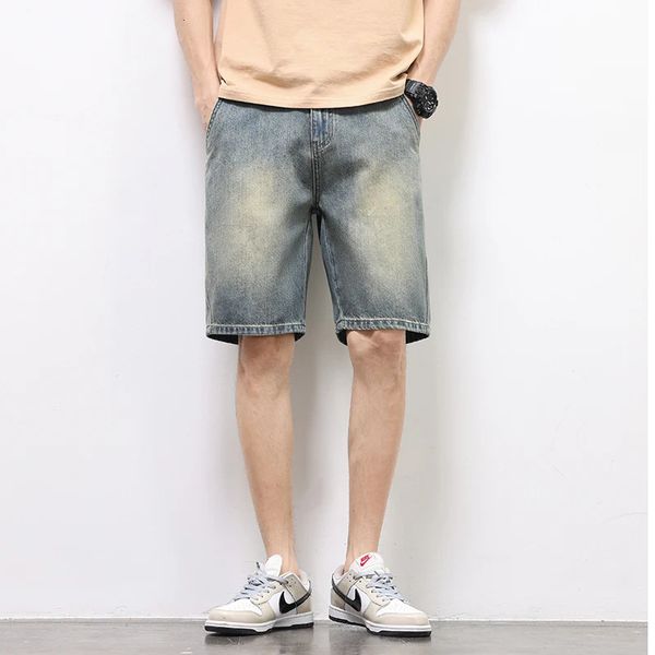 Мужчины Smoke Thin FivePoint Denim Shorts Vintage Pashed Backgy Prime Simple Color Ins Streetwear 240423