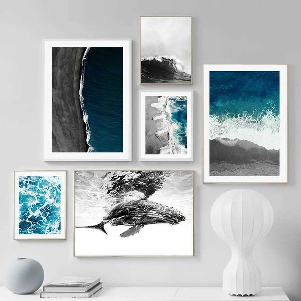 APERS Blue Sea Black White Wale Beach Whale Whale Art Tela dipinto Nordic poster e stampe Immagini murali per decorazioni per il soggiorno J240505