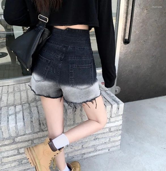 Frauen Shorts High Taille Chic Design Gradient Black Denim Street Cooler Stil Female A-Line Delessed Quaste Wide Bein Mini Jeans