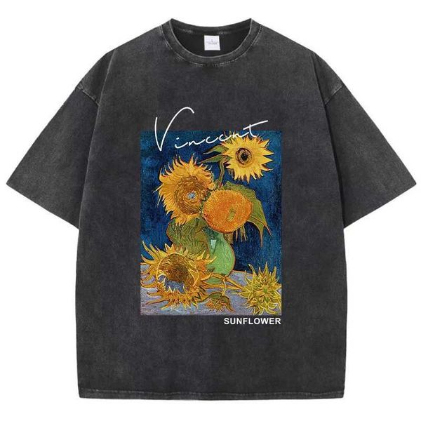 Herren-T-Shirts van Gogh Sonnenblumendruckdruck Mann lässig 100% Baumwoll-T-Shirt Atmungsbekleidung übergroße T-Shirt H240506