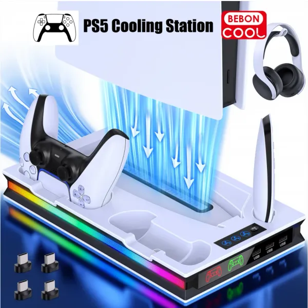 Joysticks BeBonCool Q276 RGB PS5 Controller -Ladedock für PlayStation 5 Digital/Disc -Kühlständer mit 4 Micro -Grip -Ladeadapter