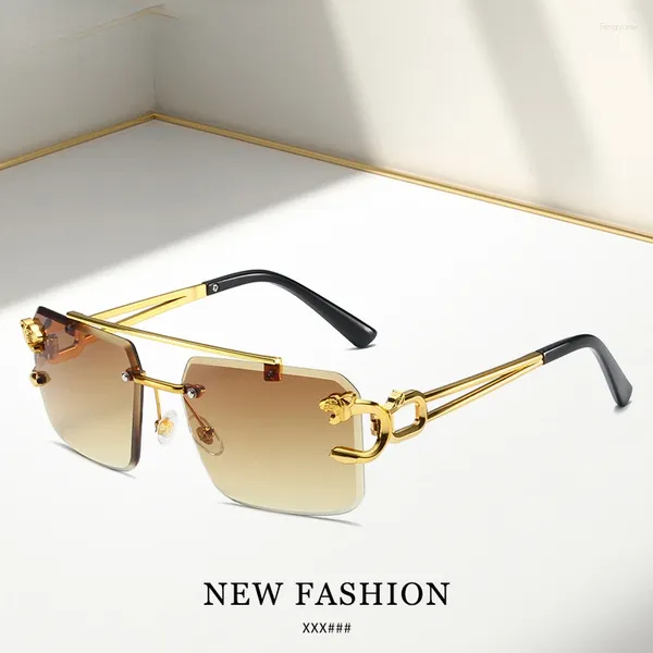Óculos de sol Moda Retro Cheetah Decoração para homens homens Metal steampunk Sun Glasses Summer UV400 Shades Trendy Rimless Eyewear