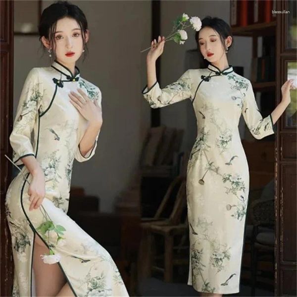 Этническая одежда сексуальное китайское стиль Улучшено Qipao Oriental платье традиционное цветочное принт современный Cheongsam Long Summer Young Lady Elegant