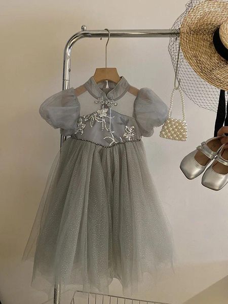 Mädchenkleider chinesischer Style Kleider2024 Summer Mesh Puff Ärmel Prinzessin Kleid Western Stand Kragen Schnalle Rock Mode-Ws