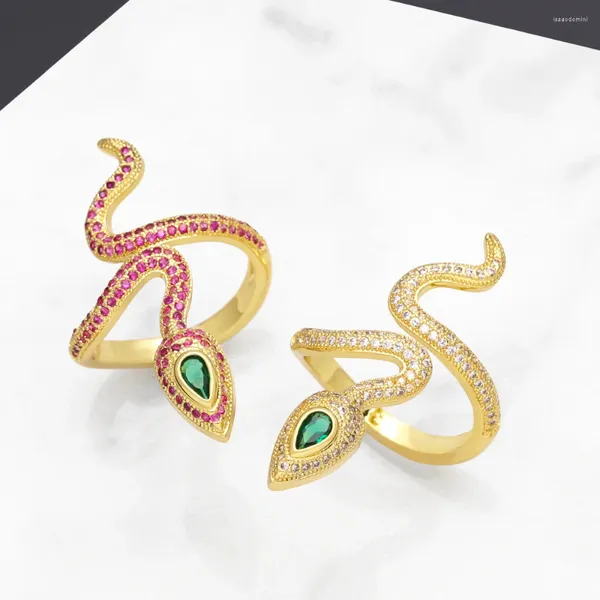 Ringos de cluster Ocesrio Trendy Green Crystal Eye Snake for Women Copper Gold Bated CZ Anel aberto Anel Ajustável Jóias Rigj47