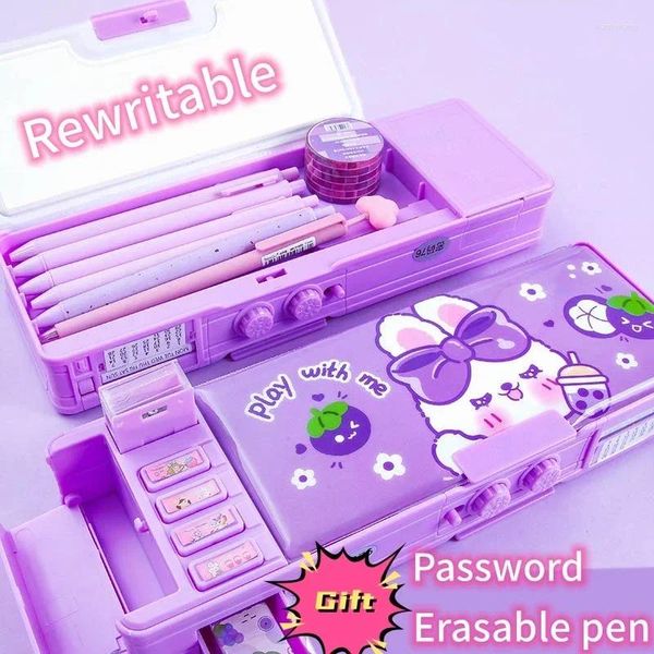 Multi funktionaler Briefpapierbox Smart Female Passwort Lock High Tech Bleistift Fallmechanismus Doppelschichtmädchenschüler Schülern