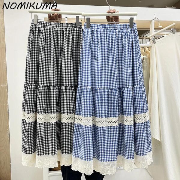 Signe Nomikuma coreano scavato in pizzo patchwork plaid per donne 2024 primavera/estate nero bianco grande gonna lunga