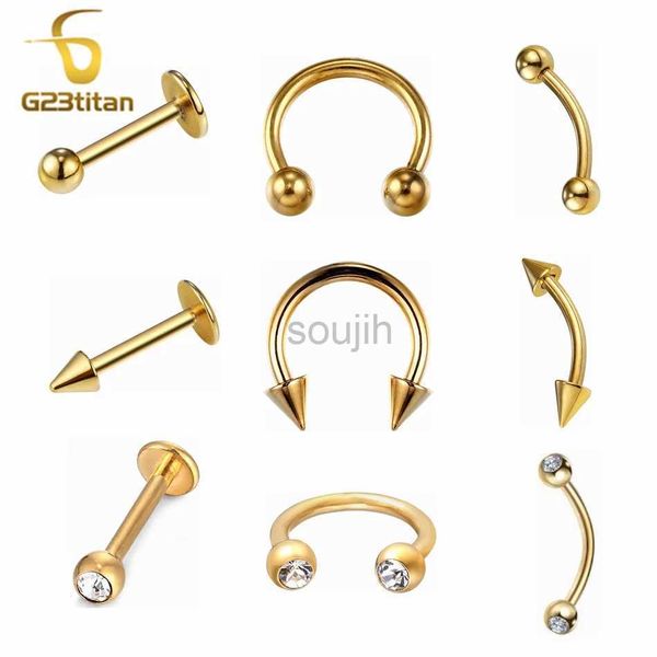 Body Arts Gold Color Body Jóias 6-12mm 16G Hipoalergênico Titanium Piercing Curved Horseshoe Labret Stud Rings para o lábio de ouvido Lip D240503