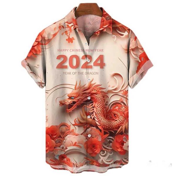 Herren lässige Hemden 2024 Frohes Neues Jahr 3D Printed Blusen für Männer Kleidung Ethnische chinesische kurze Slve Goth Red Dragon Grafik Hemd Jungen Geschenk Tops Y240506