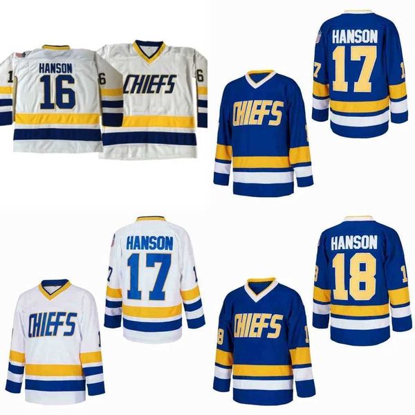 Herren-T-Shirts Hanson Brüder Charlestown Chiefs 16 Jack 17 Steve 18 Jeff Movie Hockey Jersey T240506