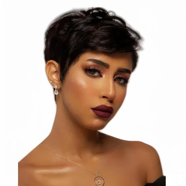 Perucas de cabelo humano curto para mulheres negras 6 polegadas Pixie Cut Wigs Side Bangs Wigs Dark Brown No Lace Wigs