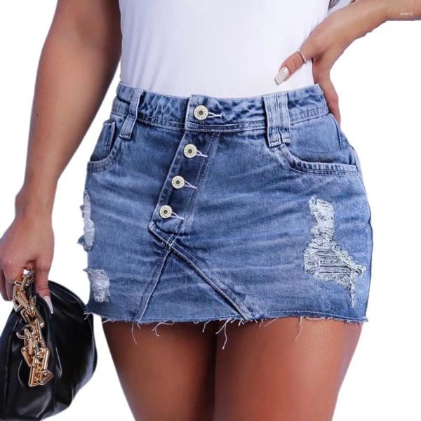 Saias de saia leve de jeans de cintura alta rasgada com decoração de botão para mulheres jeans curtas de rua bodycon slim