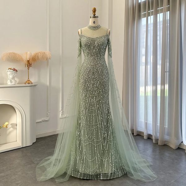 Sharon ha detto che Sage Green Mermaid Luxury Dubai Abito da sera con maniche di Cape Eleganti donne viola per matrimoni abiti da festa formale SS205 240425