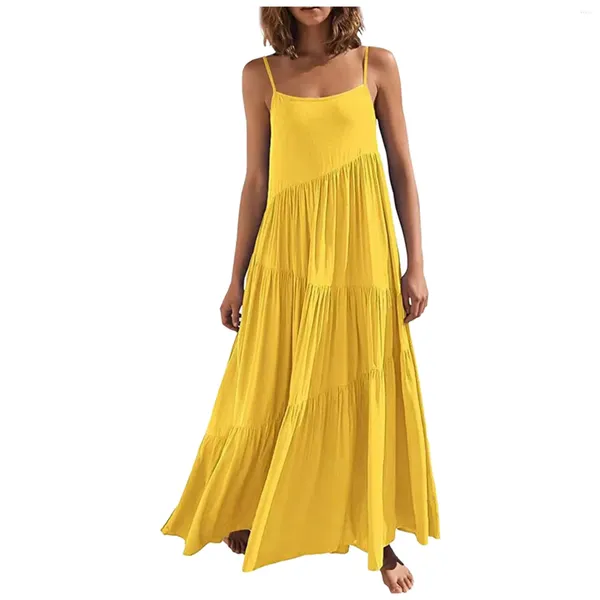 Vestidos casuais amarelos Sexy Spaghetti Strap Summer Women Logo Backless Long Maxi Dress Elegante Boho Holiday Uma linha Vestido