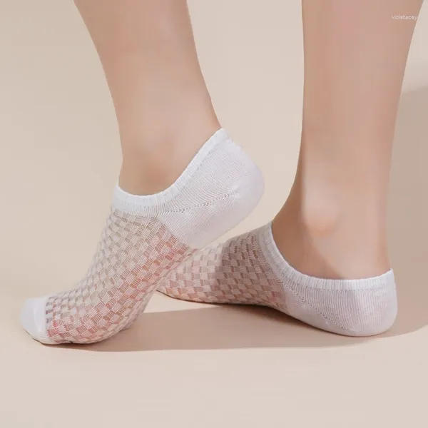 Donne calzini estivi in ghigliottino mesh womens sottili ragazze poco profonde ragazze invisibili non slip silicone quadrate quadrate solide 5 coppie