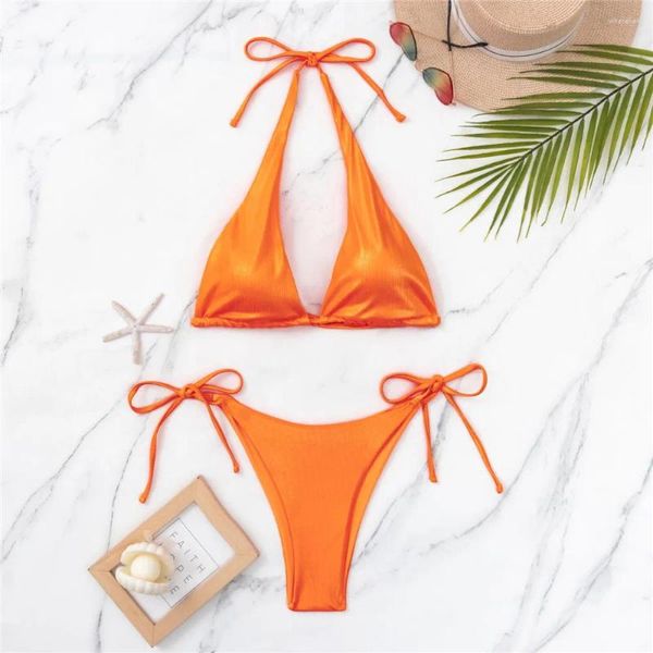 Da bagno da bagno set bikini set sexy a corda oro lucido micro perizoma costumi da bagno incrociata donna pizzo costume da bagno allaccia