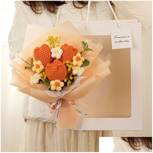 BBQ -Werkzeuge Zubehör Pinsel Fertige Suower Cloghet Blumen hausgemachter Blumenstrauß mit Verpackungsbeutel Tipps Geschenke für Liebhaber Lehrer Otjzm