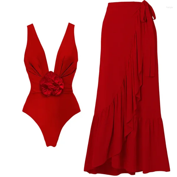 Mulheres de banho feminina Sexy Mulheres 2024 Vermelho 3d Flor One peça Termo de banho e saia Bikinis Azafia de luxo de roupas de praia