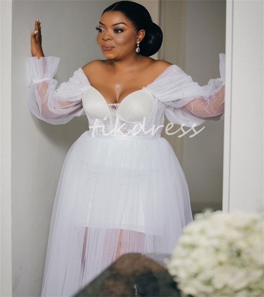 ASO EBI Afrikanische Brautkleider 2024 Off Schulter geschwollener Langarm Perlen Beach Brautkleid weiß elegant Plus Size Braut Kleid Tüll zivil Land Vestios Novias