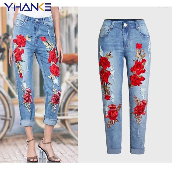 Jeans femininos Lados soltos esticar 3D rasgado com bordados de rosa flor de jeans elástica de jeans de cintura alta y2k