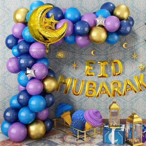 Decoração de festa Eid Mubarak Balão Arco Kit azul dourado Purple Moon Star Balloons