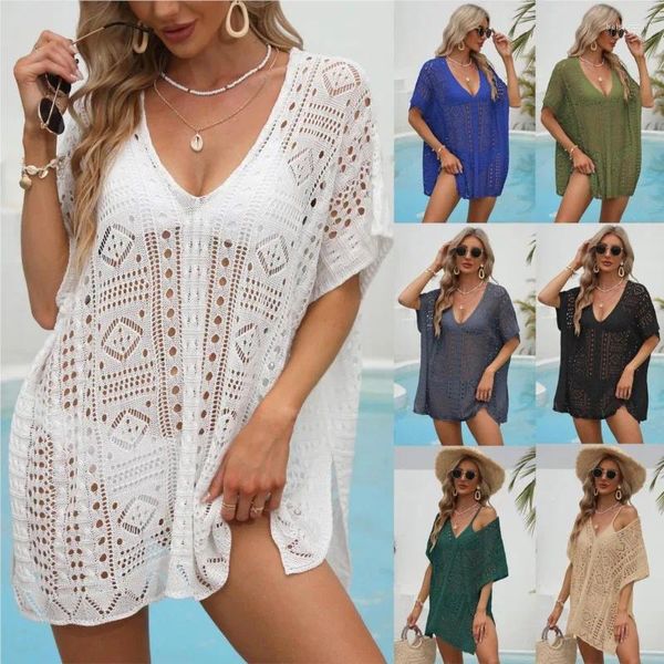 Swimsuit 2024 Women Beach Dress Cover Up Shirt Bikini Hollow Solid Polyester Tunic Tunic Cotton Estate per Tunics Swimwear Swim