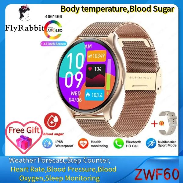 Relógios Fly Rabbit Amoled sempre na tela Smart Watch FZ60 com Bluetooth Chamada Temperatura Corporal Freqüência cardíaca Alarme de sangue Monitor de oxigênio no sangue