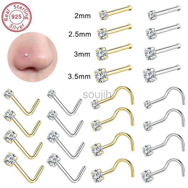 Vücut Sanatları ZS 18/20G 925 Şerit Burun deliği Piercing Altın Kaplama Burun Saplamaları Kadınlar İçin Parlak Zirkon Septum Burun Halkaları Gerçek Sterling Burun Stud D240503