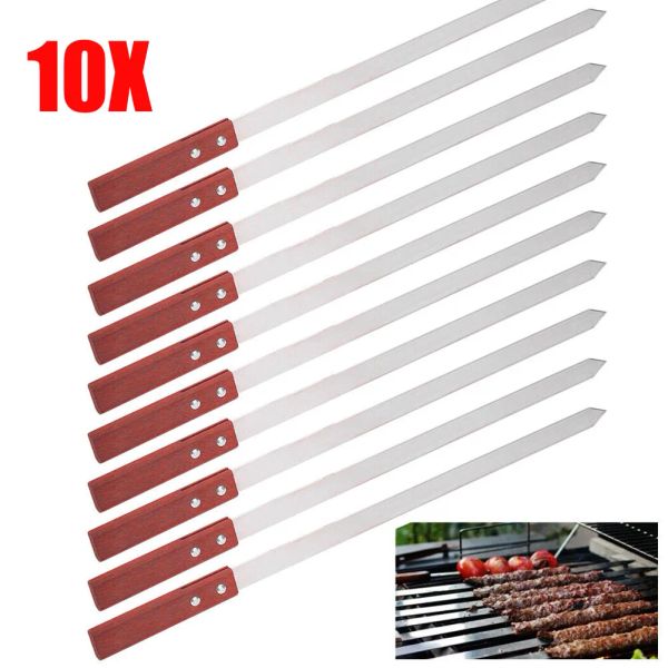 Acessórios 10pcs churrasqueiras comerciais espetos de aço inoxidável grande alça de madeira churrasqueira de metal pega de agulha plana para churrasco externo ferramentas