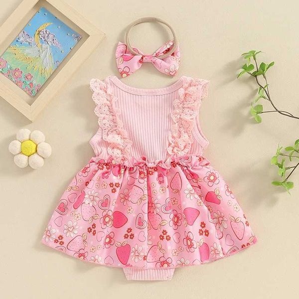 Mädchenkleider Kind Mädchenmädchen Strampler Kleid ärmellose Blume Erdbeerabdruck Crew Hals vorne Bowknot Strampler Jumpsuit Stirnband