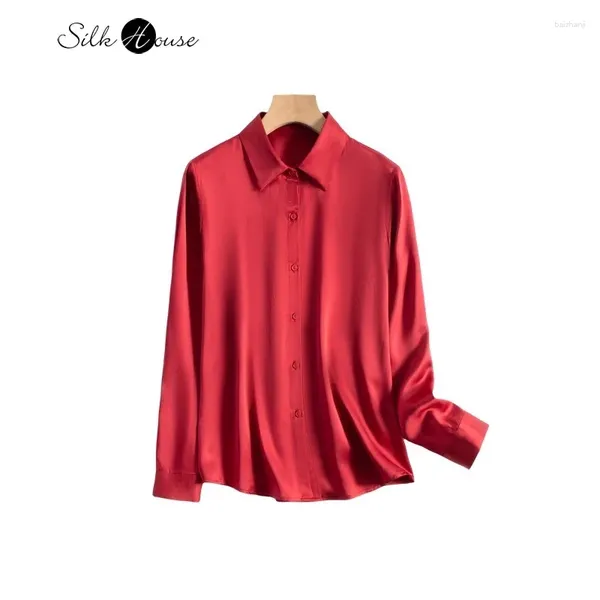 Camicette da donna 2024 Fashion Spring 23mm pesante in seta semplice in raso olo in stile vino rosso versatile camicia a maniche lunghe casual versatile