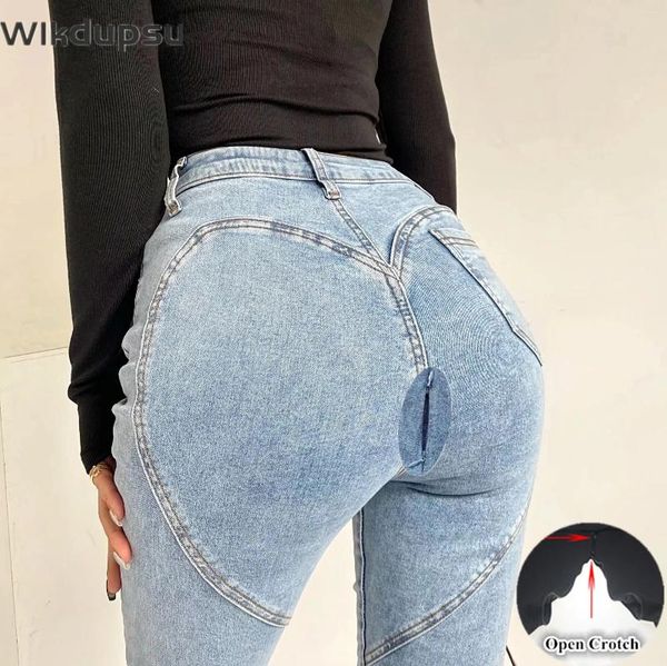 Calça de jeans feminina calça de cintura alta mulher sexy aberta com leis de lingerie invisível zíper duplo roupas de sexo ao ar livre calça jeans fêmea feminina