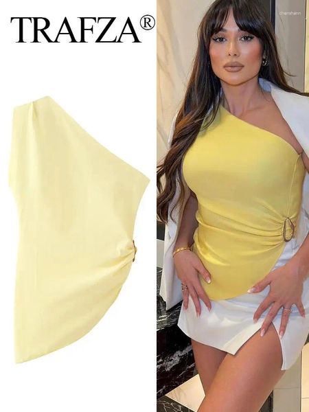 Serbatoi da donna Trafza 2024 DONNE DONNE CROP ASIMMETRICA TRIGLIE GIALLO OFFA STHEVELLE FEMMINILE SUCCHIED SEXY TOPS DONNA FASTA Y2K SIMM