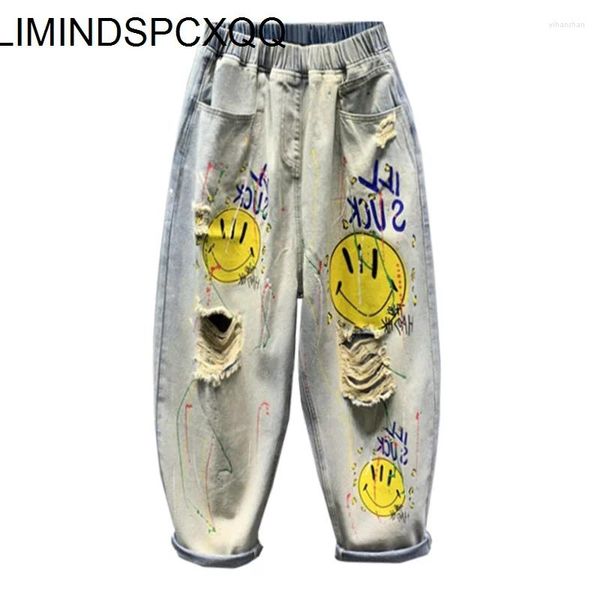 Frauen Jeans 2024 Frühlings- und Sommer-Cartoon hellblau locker angeschlagen Frauen Fashion Elastic Taille Wide Legs Harem Hosen weiblich