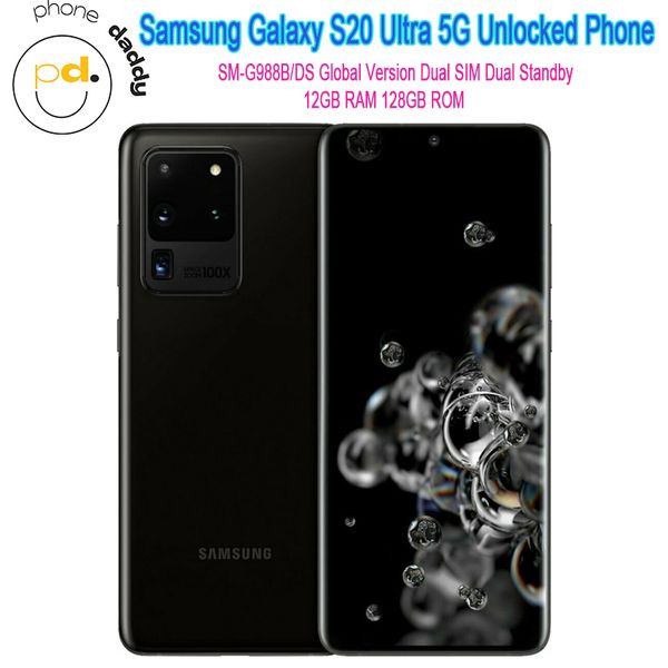 Оригинальный Samsung Galaxy S20 Ultra G988B/DS 5G Сотовый телефон 12 ГБ ОЗУ 128 ГБ ПЗУ 6.9 '' Snapdragon 865 Octacore разблокированный Mobilephone