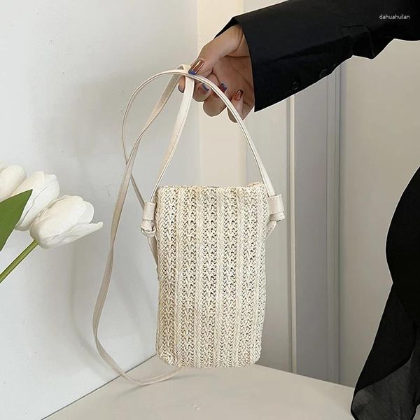 TOTES BEIGE Dokuma Hafif Saman Örgülü Omuz Çantası Kadın Moda Küçük Crossbody Telefon Düz Renk İçi Boş Çantası