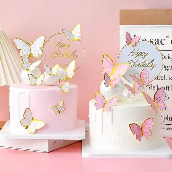 3pcs mumlar ünlü kağıt kelebek kek dekorasyonu yaratıcı pişirme altın damgalama kartı ekleme doğum günü partisi dekorasyon