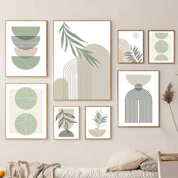 Nordische minimalistische Wandkunst im böhmischen Stil mit grünen Blättern HD -Ölmalplakate und Drucke für die Dekoration von Wohnzimmer und Wohnzimmer J240505