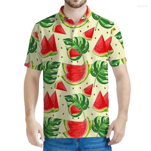 Polos masculinos moda moda colorida melancia padrão camisa pólo homens mulheres verão harajuku mangas curtas camisetas havaianas 3d t-shirt de frutas impressas