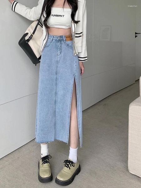 Юбки мода Женская джинсовая юбка летняя винтажная высокая талия на боковой щель джинсы