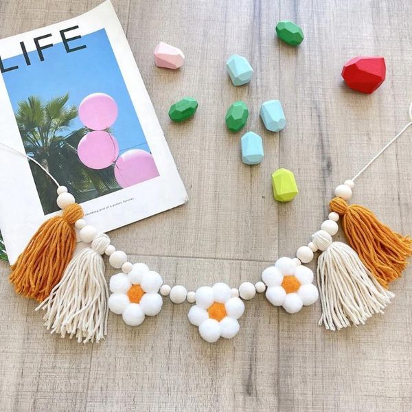 Figurine decorative ins perline in legno appeso Garland Boho Felf Feel Daisy Tassel Decorazione da parete per bambini decorazioni per bambini Penderant Porta