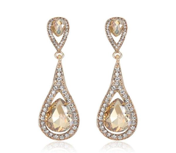 Designer de luxo Teardrop Champagne Crystal Drop Brincos para mulheres cor de ouro Dangler Earmings Longos Jóias de casamento de noiva6722816
