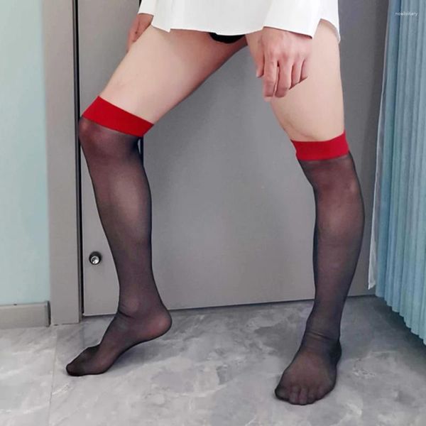 Calzini da uomo uomini oleosi calze nere trasparenti lato rosso a metà chic-sottile elastico sopra la coscia al ginocchio biancheria intima