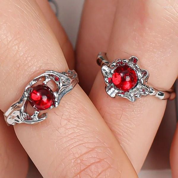 Anelli di cluster Red Gemstone Red Liquid Cavo irregolare irregolare Open Vintage Aesthetic Flower Women Men Y2K Metal Jewelry Accessori